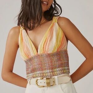 NWT Anthropologie Gauzy Embroidered Striped Smocked Tank Top